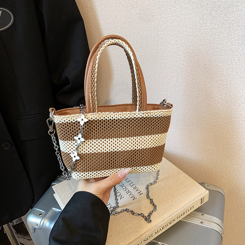 Summer 2025 new style woven striped handbag, Korean version mesh hollowed-out bucket women's chain single-shoulder crossbody bag Specification drawing