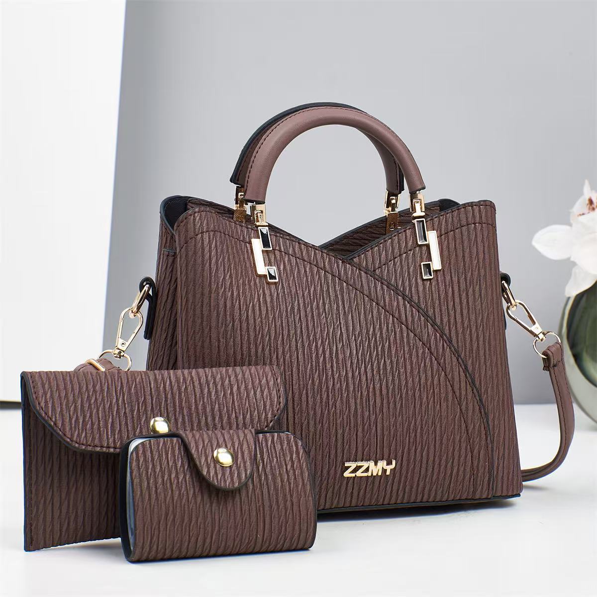 New trendy women's handbag three-piece set, women's striped versatile multi-layer large-capacity fashionable single-shoulder crossbody bag details Picture