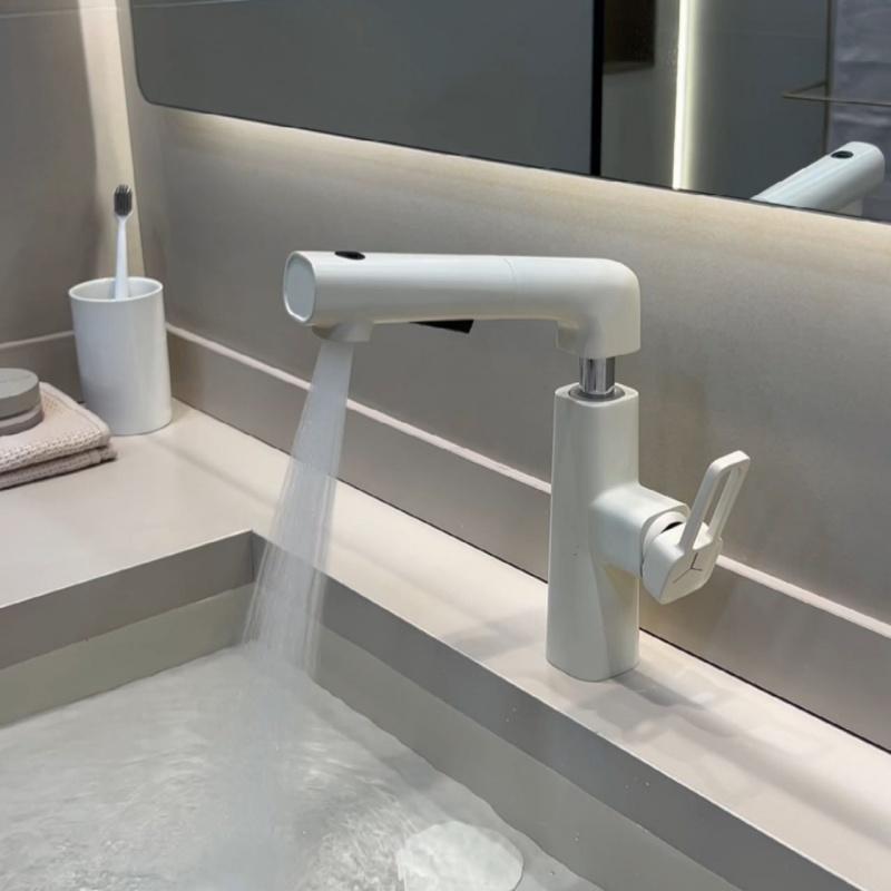 All-copper pull-out washbasin, milky white hot and cold water faucet, household lift bathroom, gun gray washbasin, washbasin faucet details Picture