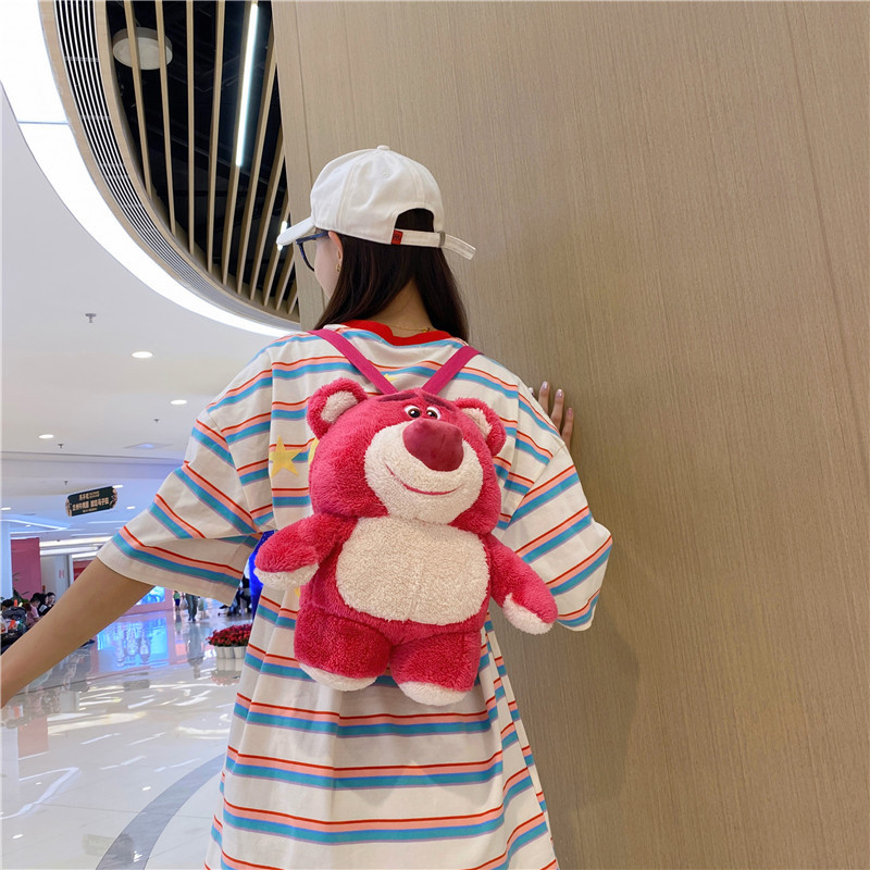 Cartoon strawberry bear 3D funny backpack, Japanese-style soft girl accessory bag, cute children's backpack, plush bag full figure