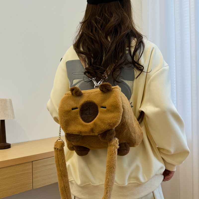 New cartoon animal furry double-back crossbody bag 2024, cute and girlish flip large-capacity backpack wholesale details Picture