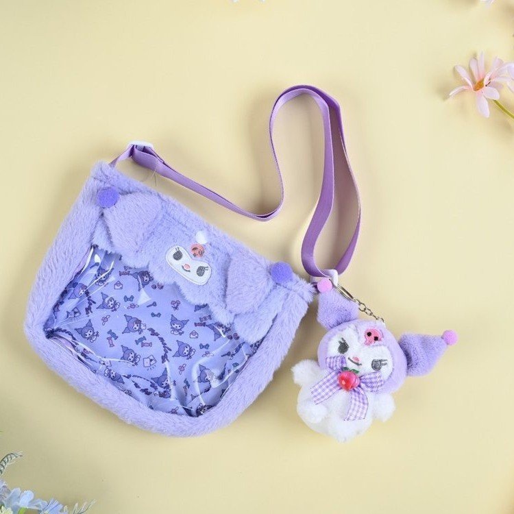 New Japanese-style cute Sanrio plush bag, transparent PVC crossbody bag, children's cartoon cute pendant, loose change Specification drawing