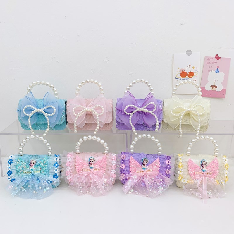 New foreign trade lace flower girls' single-shoulder crossbody bag, fashionable pearl bow children's bag, cartoon coin purse details Picture