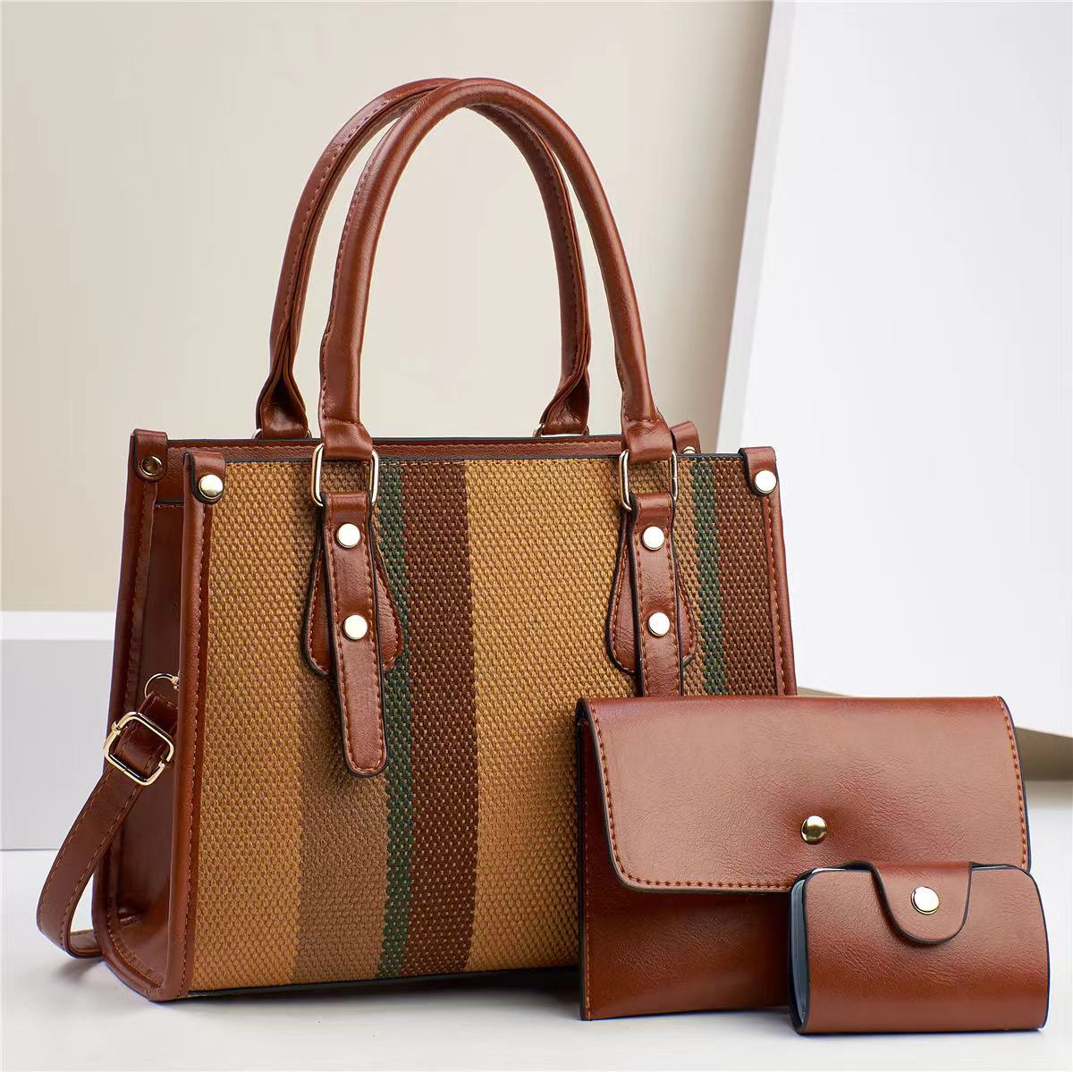 New fabric three-piece set, patchwork mother-and-child bag, simple solid color, large capacity, single-shoulder hand-carry, high-quality and fashionable women's bag details Picture
