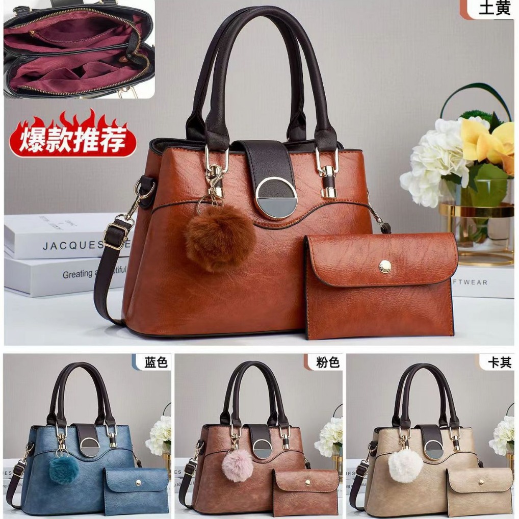 Cross-border spliced mother-and-child bag 2024 new style retro material simple solid color large-capacity single-shoulder hand-carry women's bag, texture bag details Picture