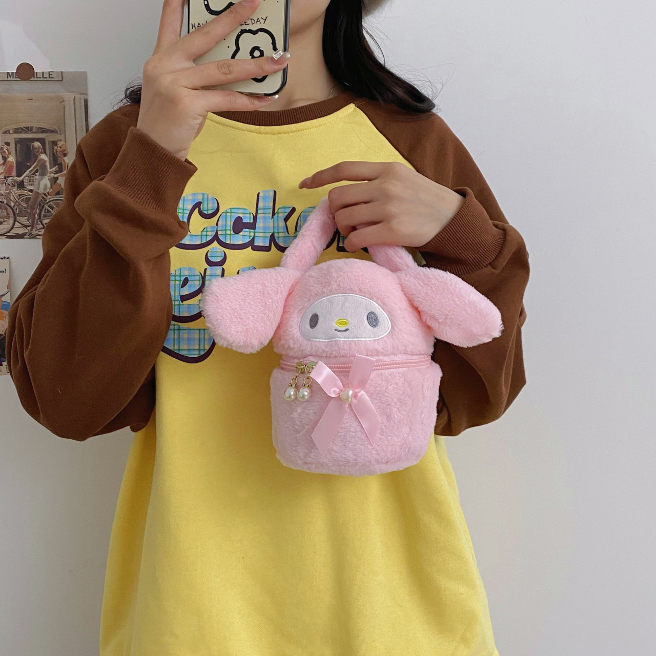 Japanese-style cute big-eared dog plush bucket 2023 new cartoon Melody Soft Girl mini handbag gift Specification drawing