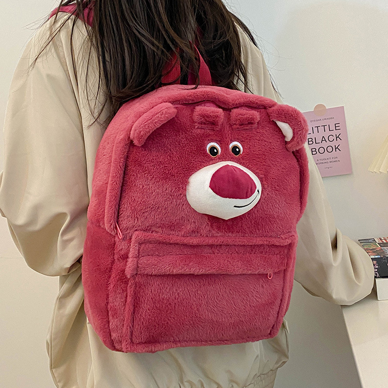 A new cartoon plush backpack for girls in 2024, featuring a cute strawberry bear, beaver and capybara, with a large capacity for class Specification drawing