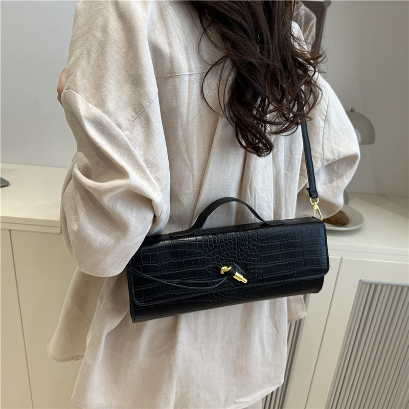 Solid color crocodile pattern dinner bag, new 2025 baguette bag, crossbody lock horizontal handbag, single-shoulder crossbody bag for women Specification drawing