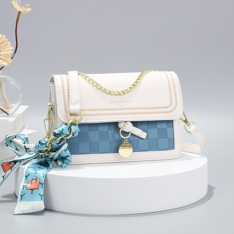 The new summer 2023 trendy women's bag with a checkered chain bag and a silk scarf crossbody bag full figure
