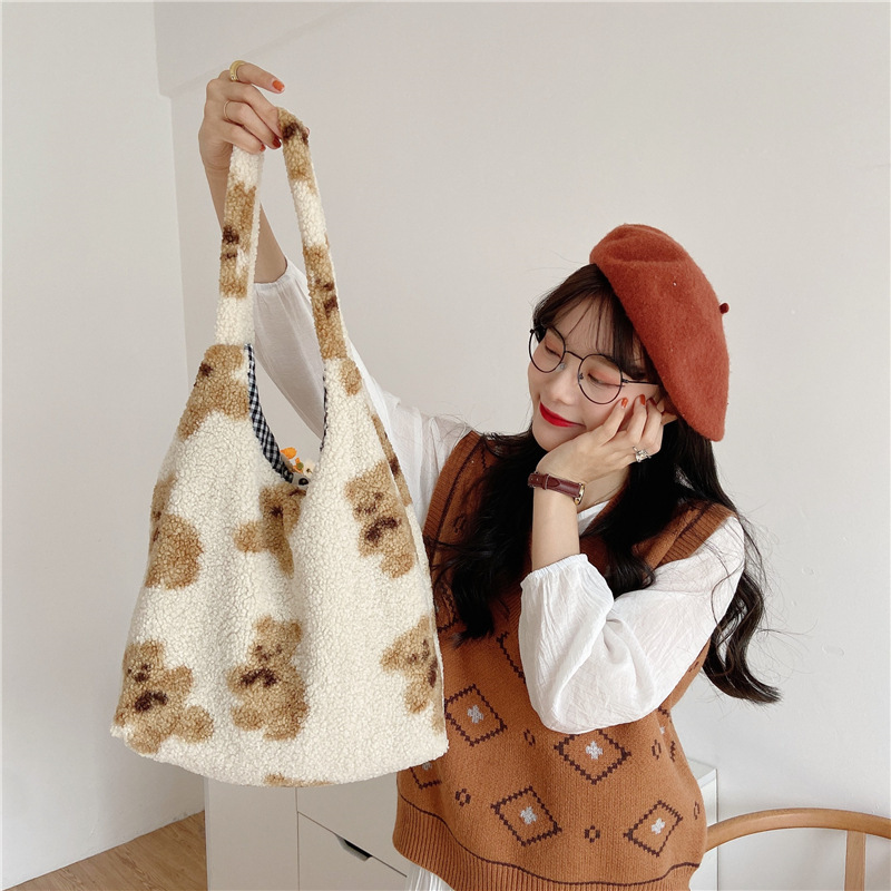 【 In Stock 】09272 Plush Bear dual-purpose single-shoulder Bag, Japanese and Korean ins large-capacity student shopping bag Item Picture