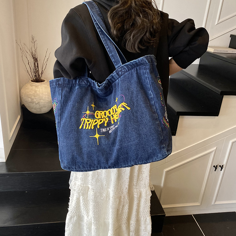 Retro denim tote bag, ins Korean version spring/Summer large-capacity women's commuter bag, Japanese student class handbag Specification drawing