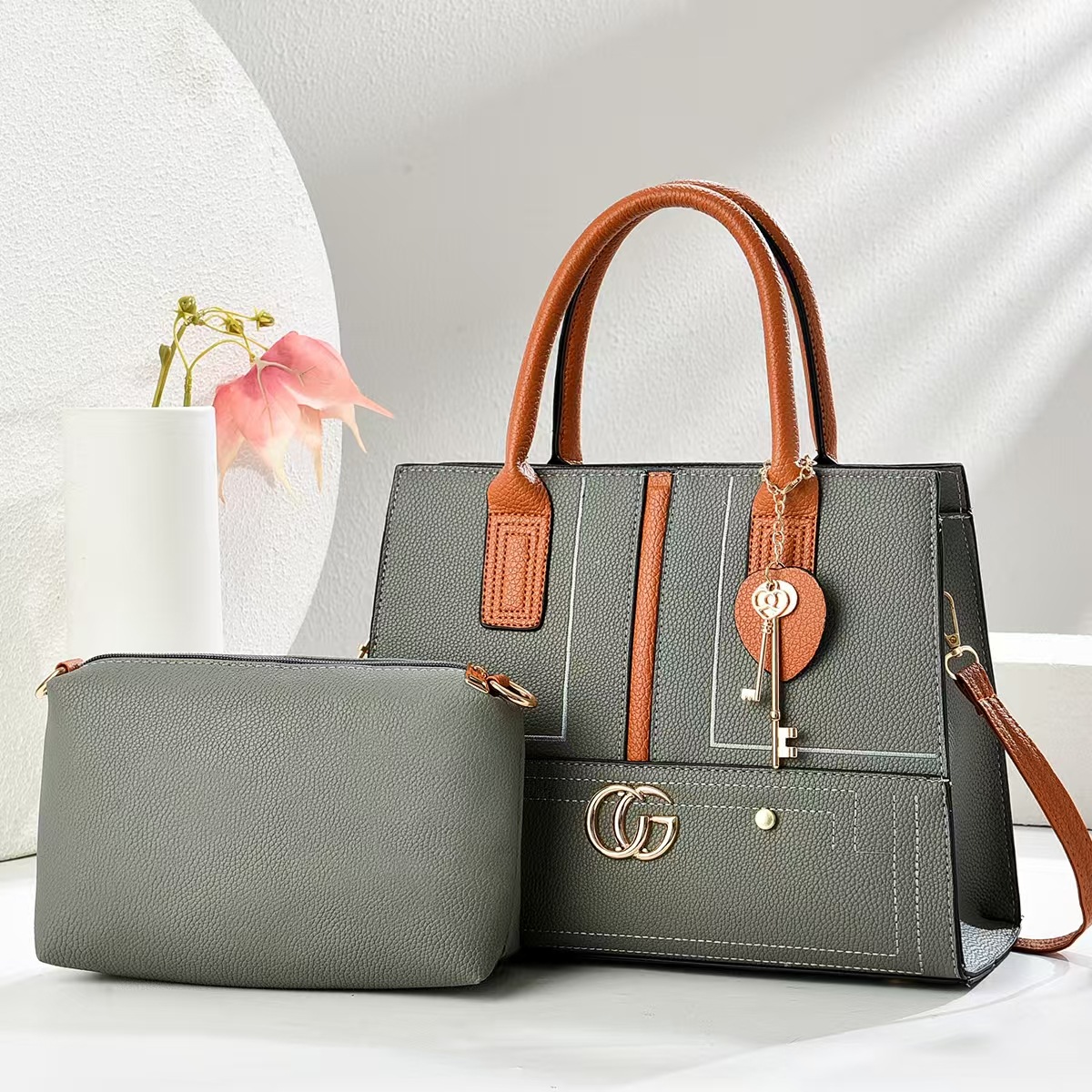Wholesale single-shoulder bags, trendy and fashionable new color mother-and-child bags, European and American style mother-and-child bag two-piece set, simple women's bags Specification drawing