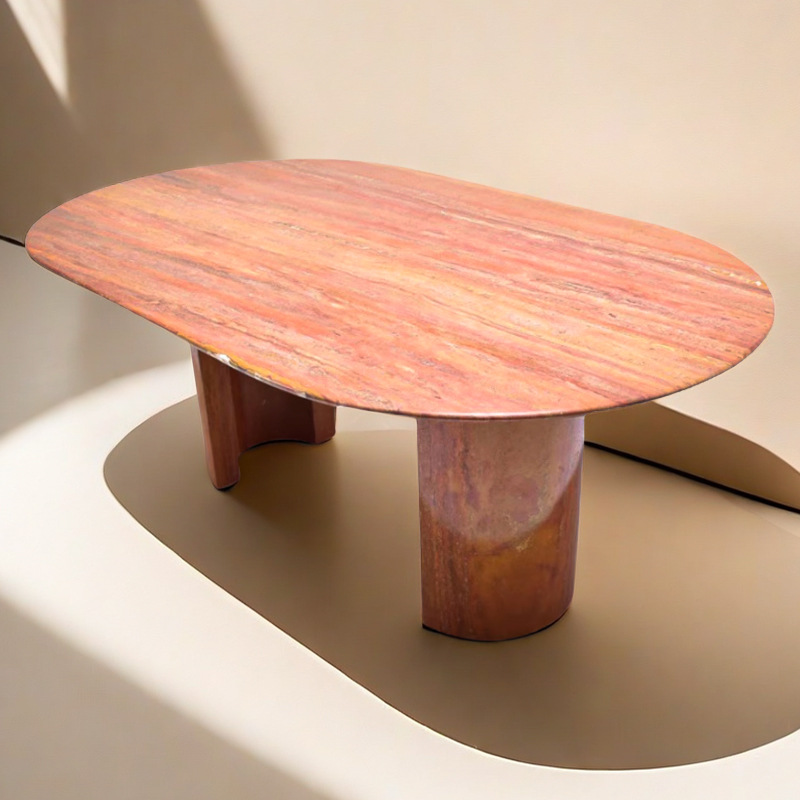 Factory direct supply, grand Nordic natural red travertine oval dining table, living room, dining room, light luxury travertine dining table, hotel details Picture