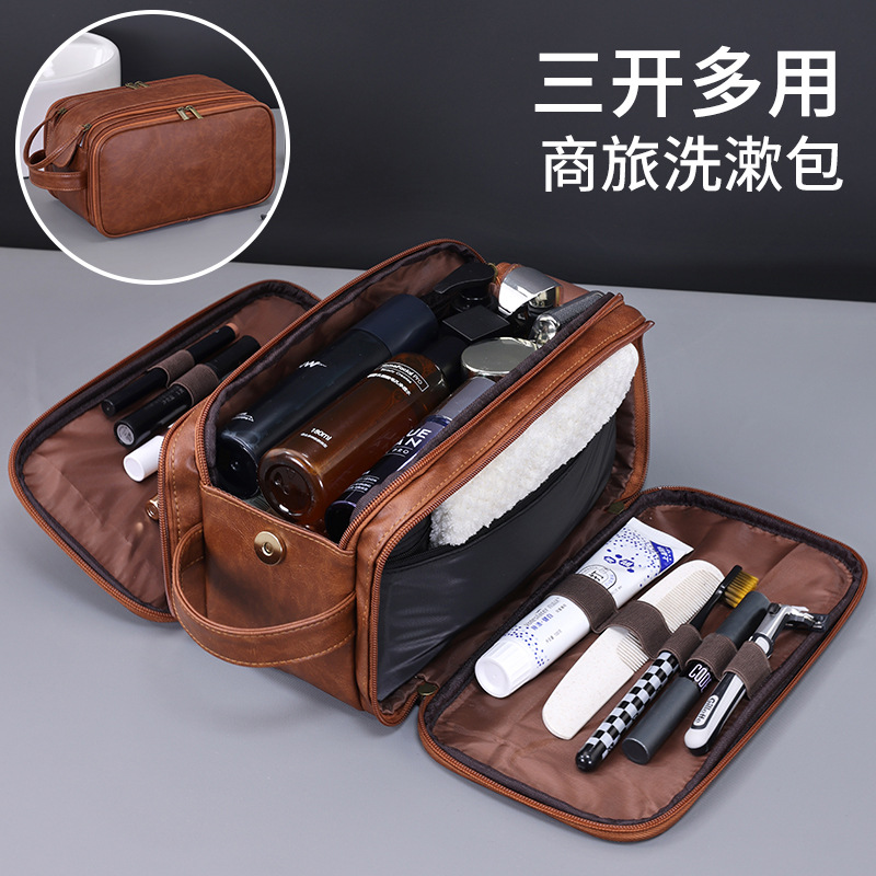 Cross-border new product three-kai multi-functional pu men's toiletry bag, large-capacity high-end makeup bag, cosmetics storage bag full figure