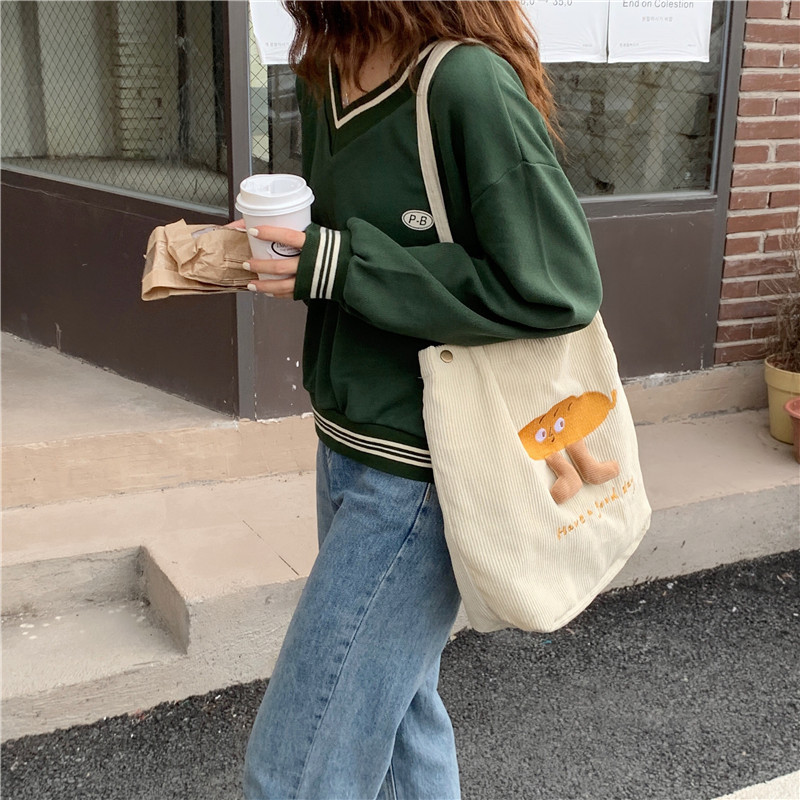 19242 Japanese, Korean, forest style corduroy cute embroidered single-shoulder bag, student schoolbag, artistic hand-held cloth bag for girls details Picture