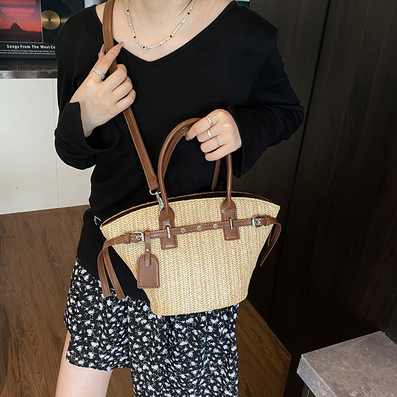 Fashionable straw weaving bag, large-capacity casual bucket bag, Korean-style handbag, vacation single-shoulder bag, elegant and stylish crossbody bag Specification drawing