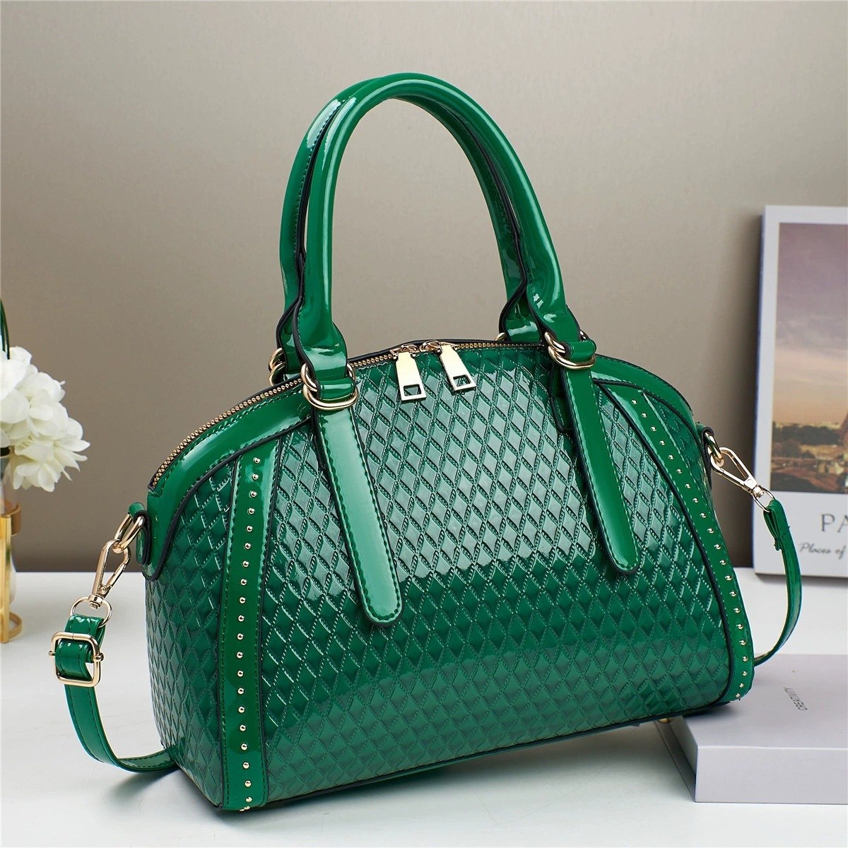 Shiny leather embossed bag, 2024 new style fashionable hand-held shell bag, single-shoulder crossbody, simple and versatile European and American two-in-one bag details Picture