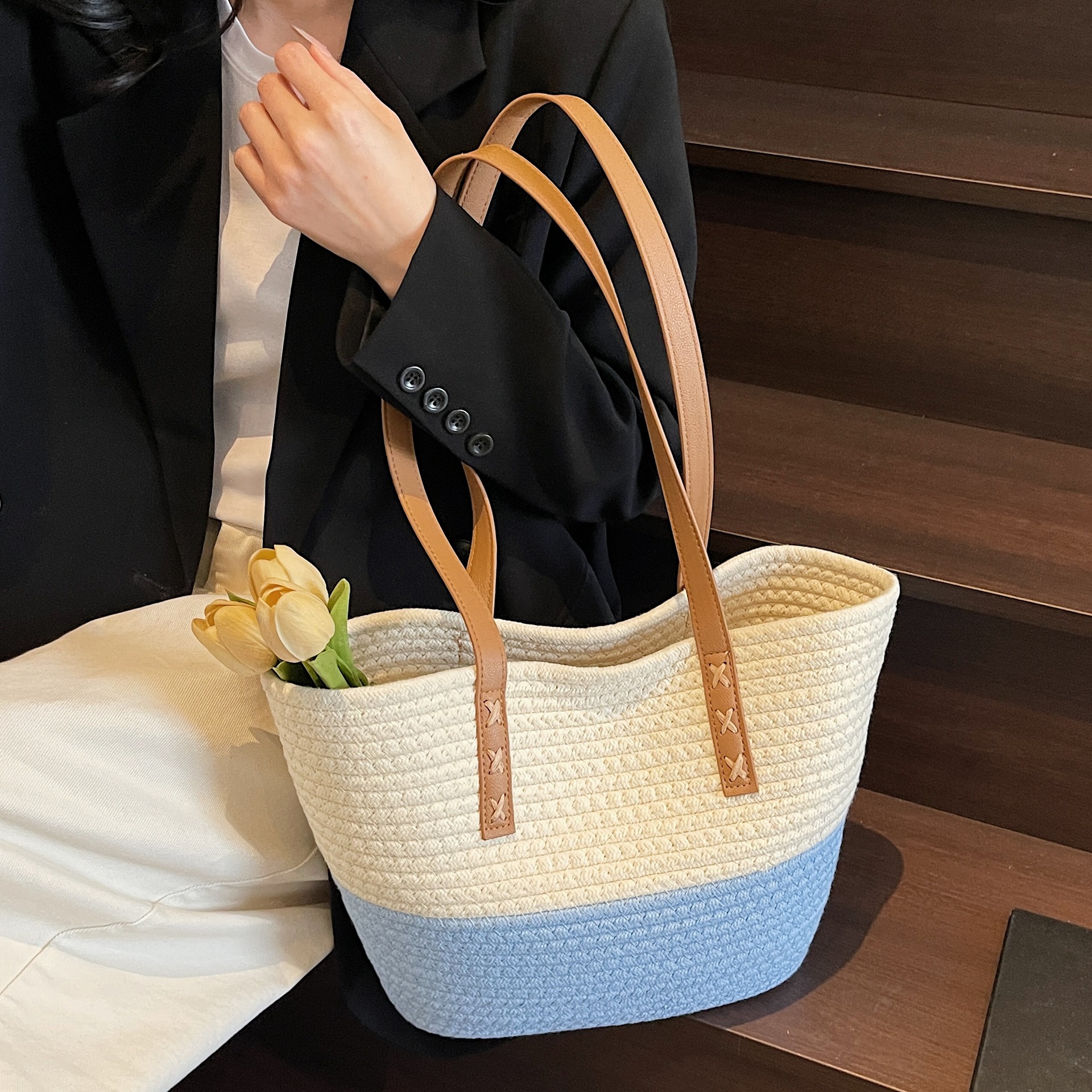 Summer seaside beach large bag for women 2025 New trendy and fashionable color-blocking single-shoulder bag with large capacity cotton rope tote bag details Picture