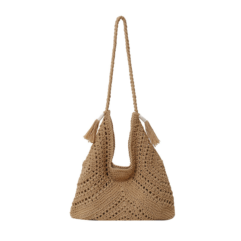 Retro large-capacity vacation single-shoulder beach straw woven bag, Bohemian-style woven women's bag 2025, seaside cutout bag Item Picture