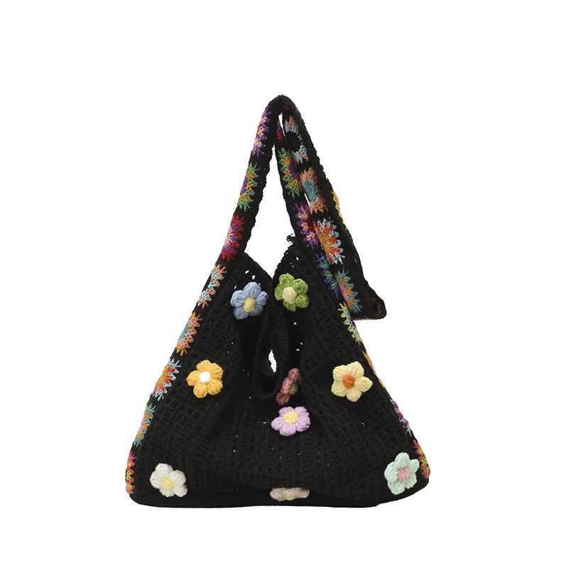 Women's Korean-style fashionable woven bag, Bohemian-style tote bag, hollowed-out small flower single-shoulder bag, trendy crossbody bag Item Picture