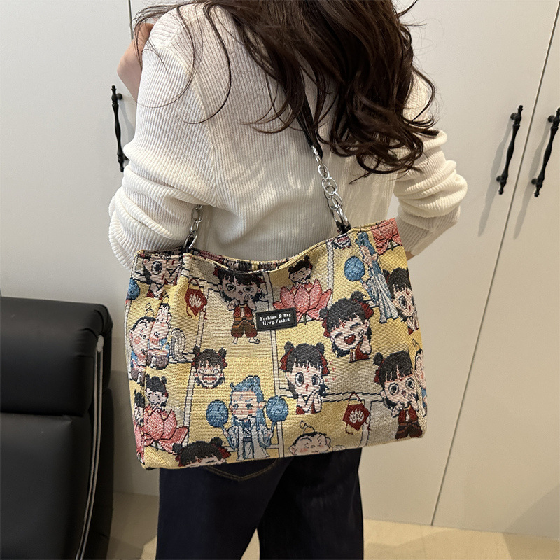 New national trend embroidered canvas bag, ins large-capacity hand-held mommy tote bag, cute Korean single-shoulder student class bag Specification drawing