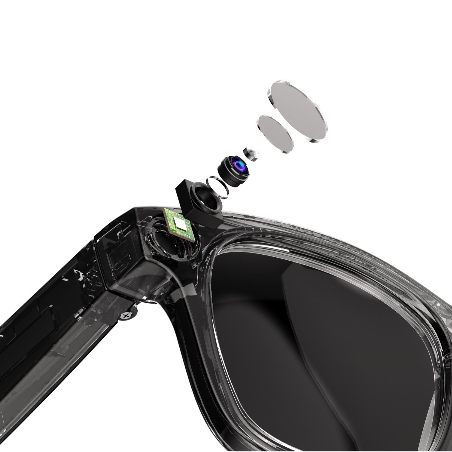 AI smart glasses E02 feature high-definition anti-shake, photo and video recording, voice assistant, noise reduction, AI recognition, question-and-answer, and real-time translation details Picture