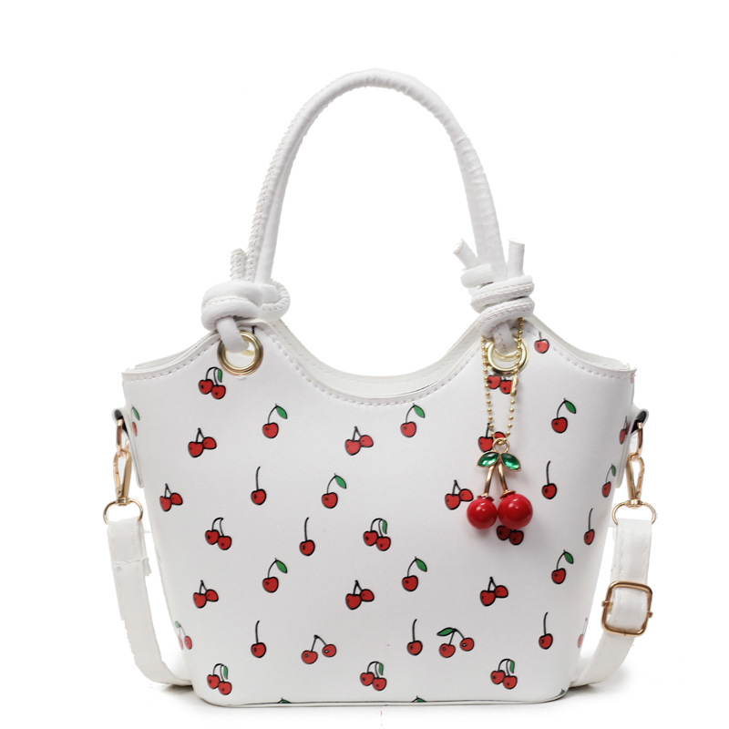 Hong Kong-style retro design bag 2025 new trendy and fashionable cherry print crossbody bucket bag with contrasting color texture single-shoulder bag Item Picture