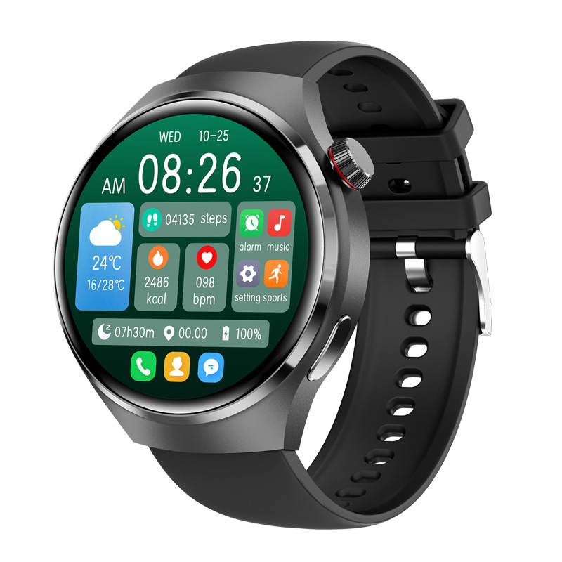 The cross-border bestseller Gt4PRO sports smartwatch with a round screen features Bluetooth communication, water resistance, and voice assistance Item Picture