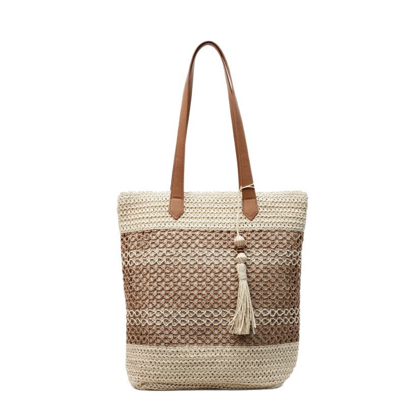 Trendy patchwork woven versatile hand-held bucket bag for women 2025 new style simple, fashionable and casual large-capacity single-shoulder bag Item Picture