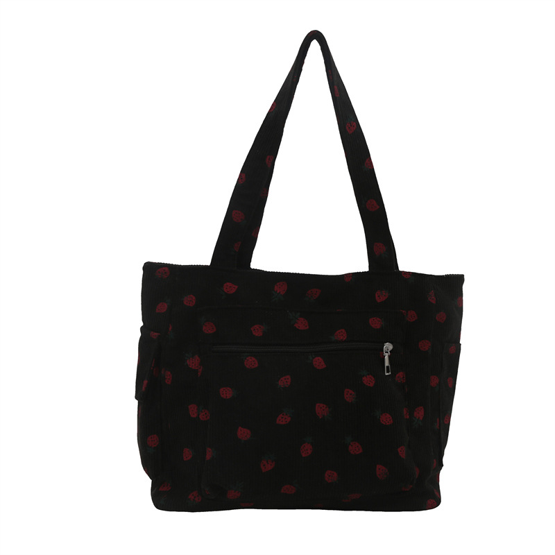 The versatile new strawberry corduroy 2024 Tote bag, single-shoulder bag, casual large-capacity, laid-back style storage shopping bag Item Picture