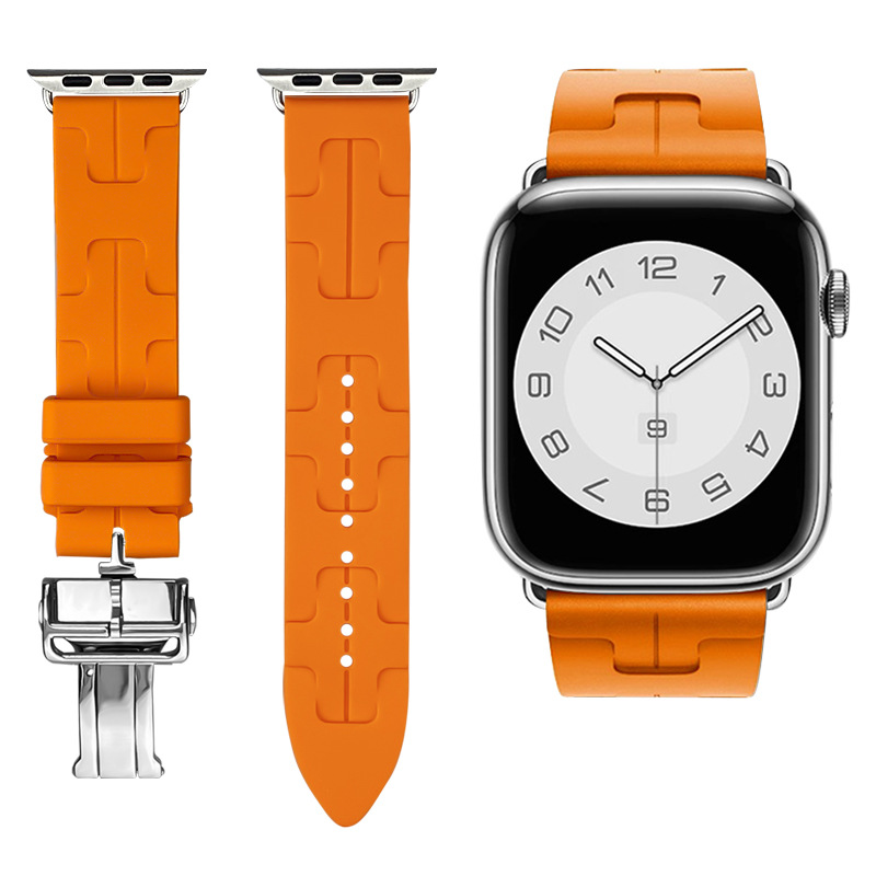 Suitable for AppleWatchS10/1-9, Hermes H-patterned butterfly stainless steel clasp silicone Apple watch strap Application Scenario