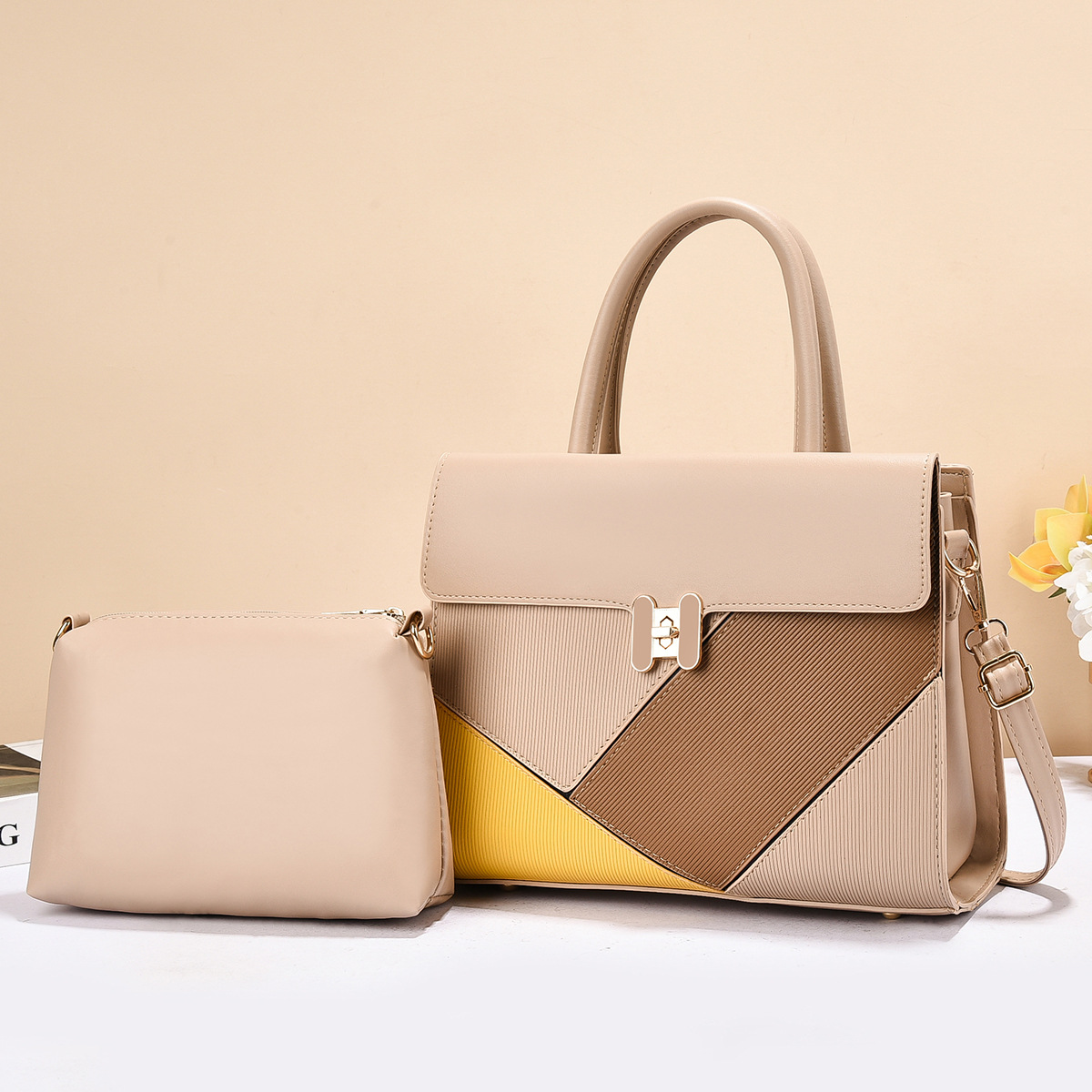 Cross-border foreign trade spliced women's crossbody bag, European and American PU business handbag, women's two-piece set full figure