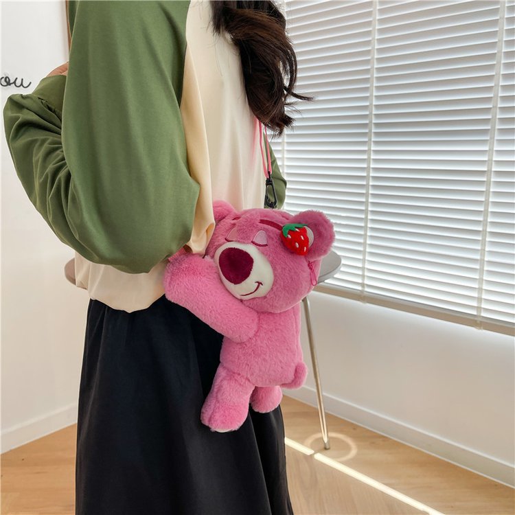 Cute and playful strawberry bear plush bag, pink bear doll bag, sweet and girlish strawberry bear bag with a slanted cross full figure