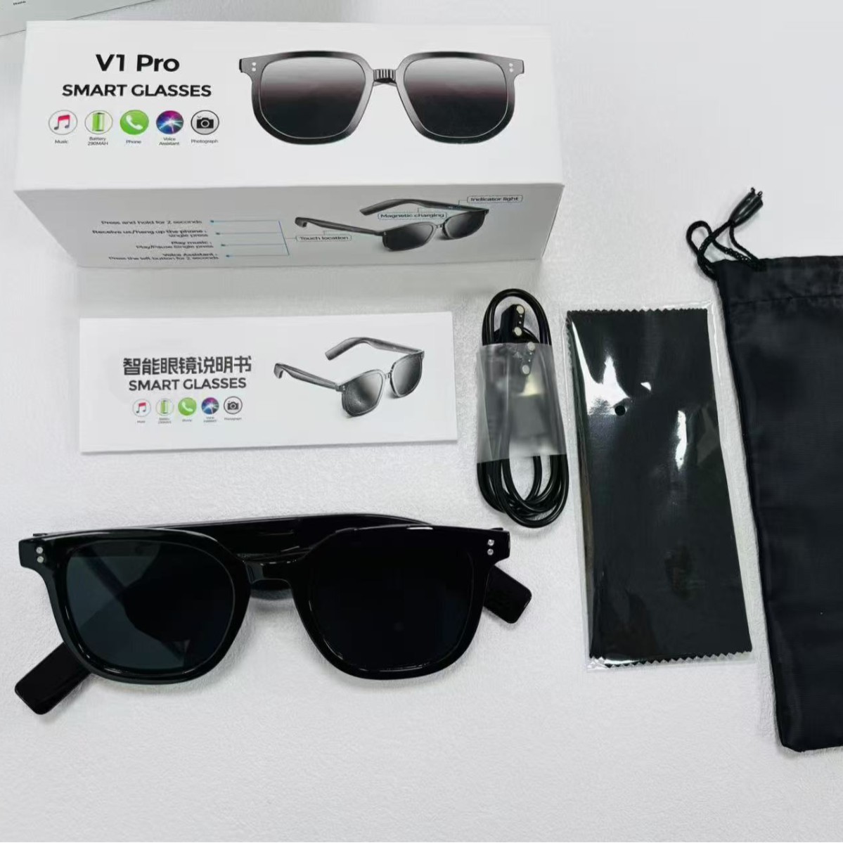 The cross-border bestseller V1 Pro smart glasses support Bluetooth calls, music song switching, remote control for taking photos, and an Ai voice assistant Application Scenario