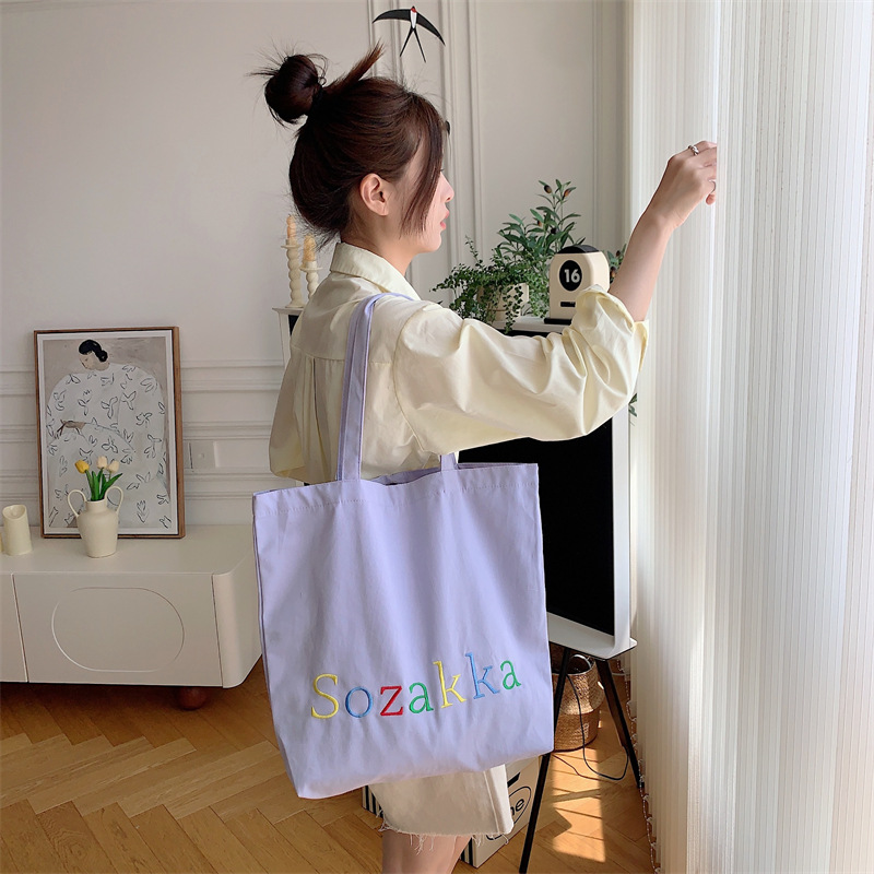 35246 canvas bag, summer embroidered letter, large capacity tote, ins, student book, class bag, hand-held details Picture