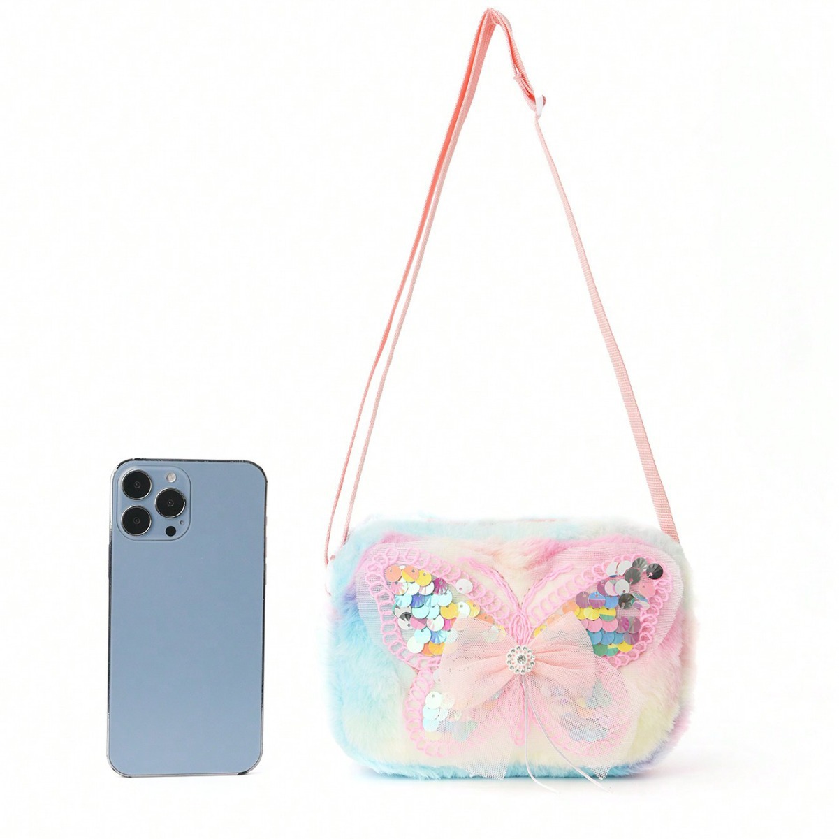 The girl's pink butterfly cartoon printed crossbody bag kawaii, a colorful plush picnic small square bag, is so fluffy Item Picture