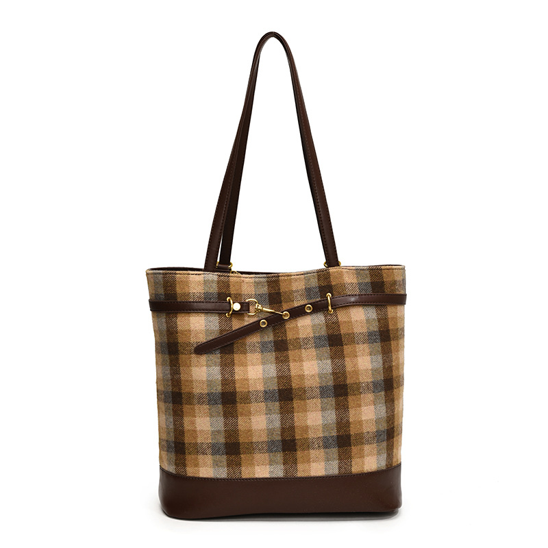 Commuting large-capacity woolen bag, 2024 new style, high-end checkered women's backpack, single-shoulder tote bag Item Picture