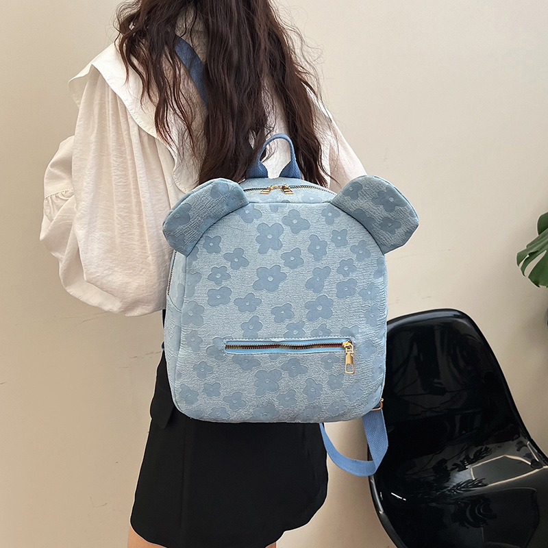 Trendy printed canvas women's bag, cute ear-shaped small backpack, 2024 new Korean-style single-shoulder bag, casual handbag full figure