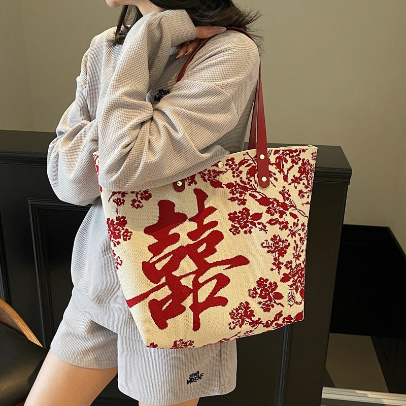 New Chinese-style embroidered texture large-capacity tote bag for women 2025, a trendy, fashionable and casual single-shoulder bag Specification drawing