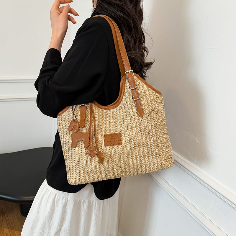 Large-capacity tote bag for women, 2025 new style hand-woven straw bag, commuting, seaside vacation, beach single-shoulder bag details Picture
