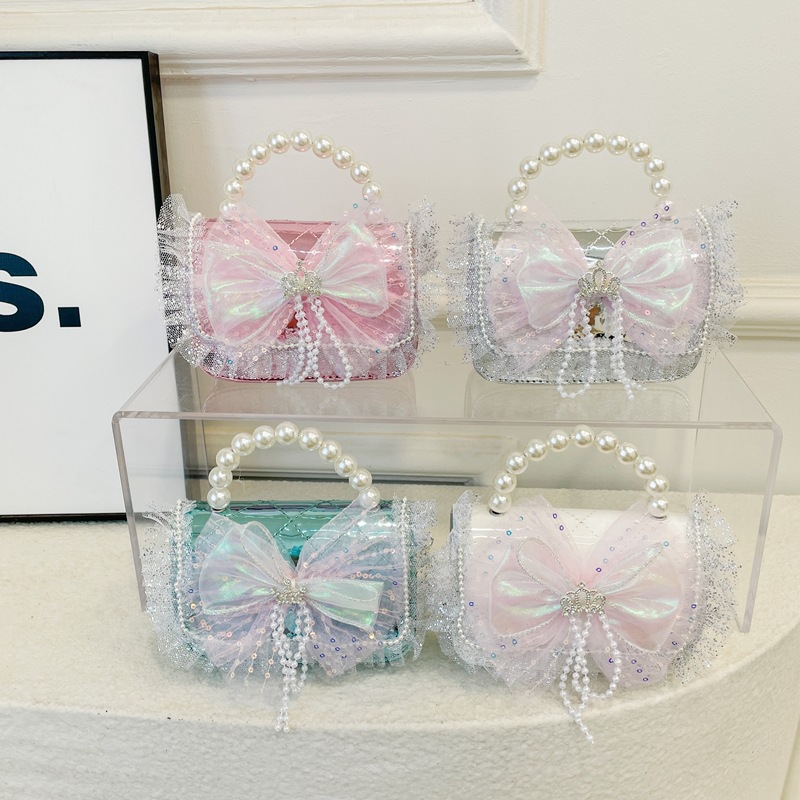 Diamond-shaped lace bow girls' single-shoulder bag, loose change crossbody bag, trendy children's bag, new girls' pearl handbag full figure