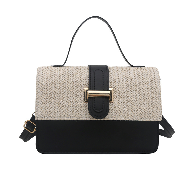 This is a new style of simple and sweet chain-style chain crossbody small square bag with a drawstring flap and color-blocking woven straw bag Item Picture