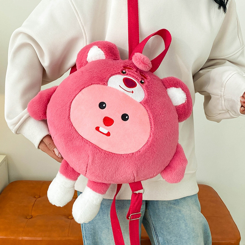 Plush double backpack, cartoon transformation egg doll plush toy bag, beaver strawberry bear bag, claw machine doll bag details Picture