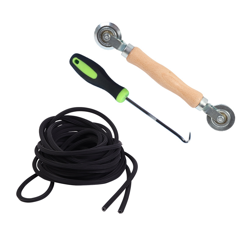 Wooden pressure wheel + hook rubber strip tool set, solid wood handle, double-ended metal screen door pressure wheel, screen door hook Item Picture