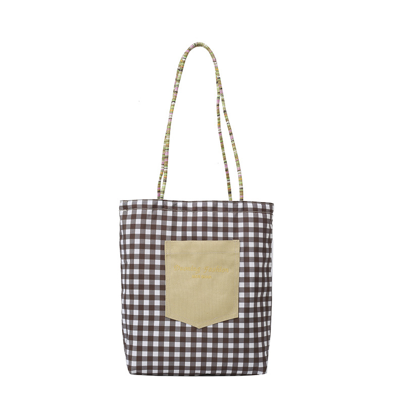 American double-bread checkered canvas bag, women's commuter tote bag, retro color-blocking handbag, new spring bucket bag Item Picture