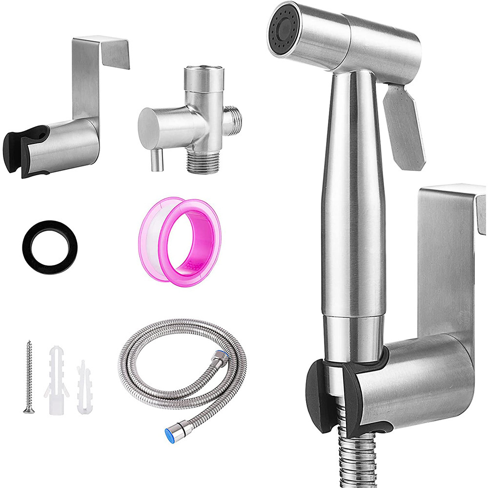 Cross-border 304 stainless steel toilet spray gun set, pressurized feminine wash nozzle, bathroom toilet flushing small spray gun details Picture