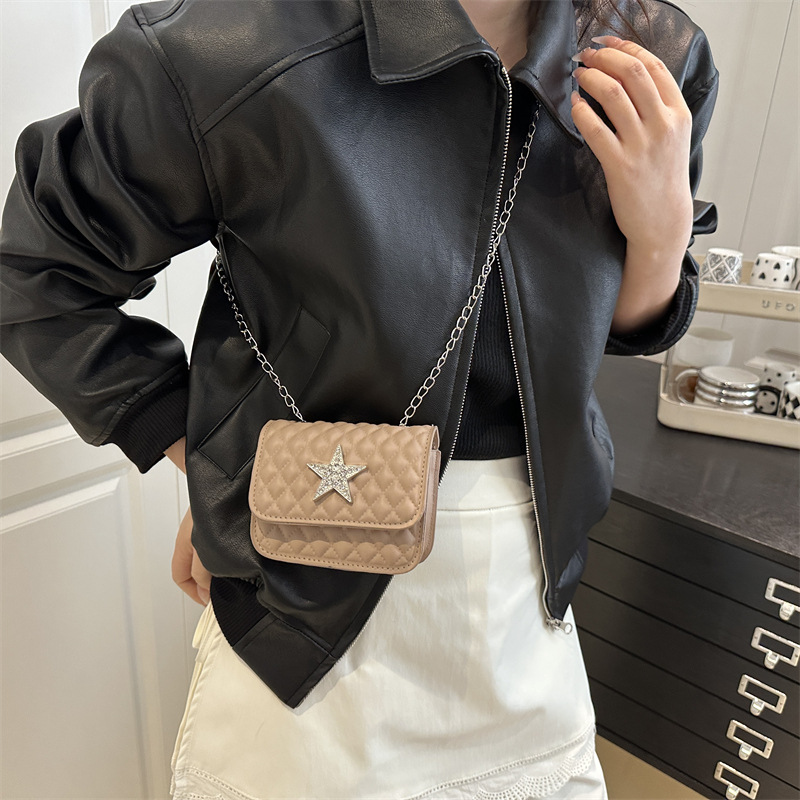 2025 Summer New Korean-style small square bag, fashionable chain single-shoulder bag, crossbody women's bag, PU leather embroidered thread diamond pattern bag Specification drawing