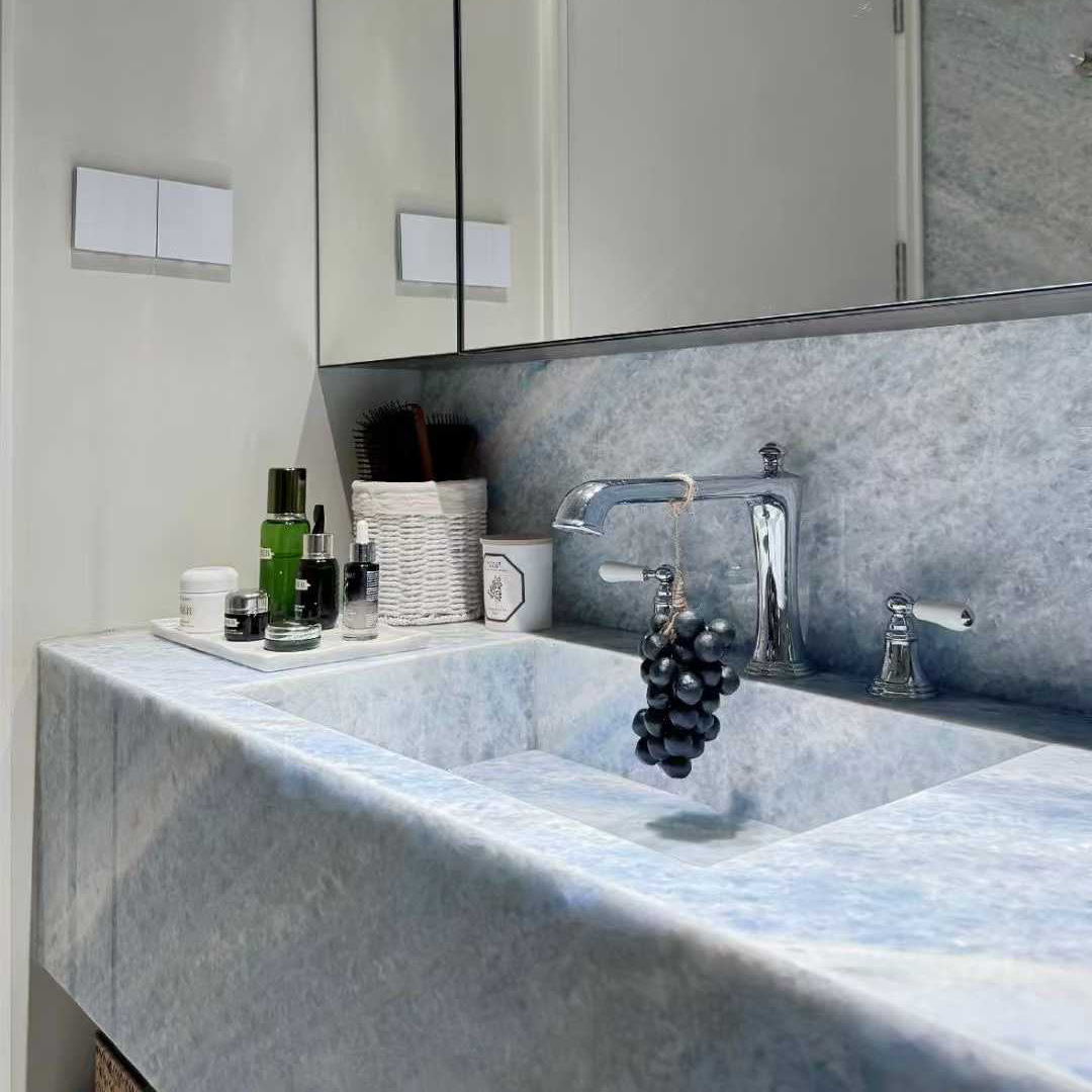 The blue crystal natural marble dining table, washbasin and countertop, luxury stone, bathroom background wall Specification drawing