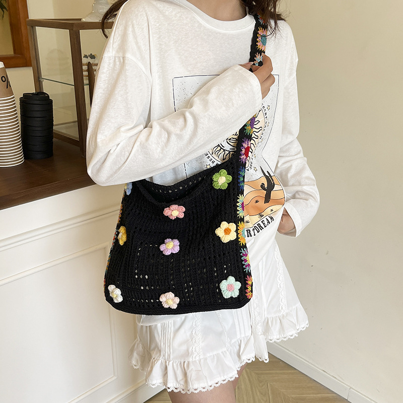 Women's Korean-style fashionable woven bag, Bohemian-style tote bag, hollowed-out small flower single-shoulder bag, trendy crossbody bag Specification drawing