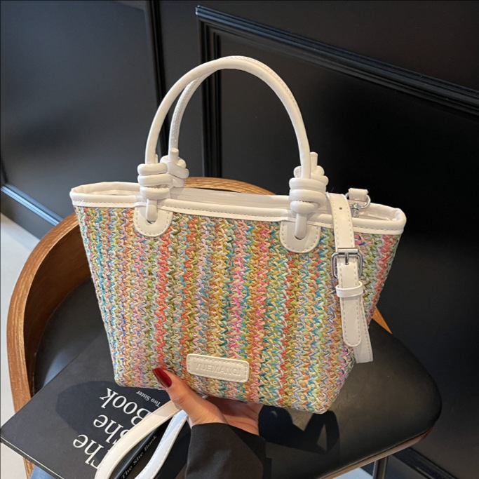 Seaside vacation simple and casual straw woven bag for women 2025 New Korean style fashionable colorful large capacity single-shoulder crossbody bag full figure